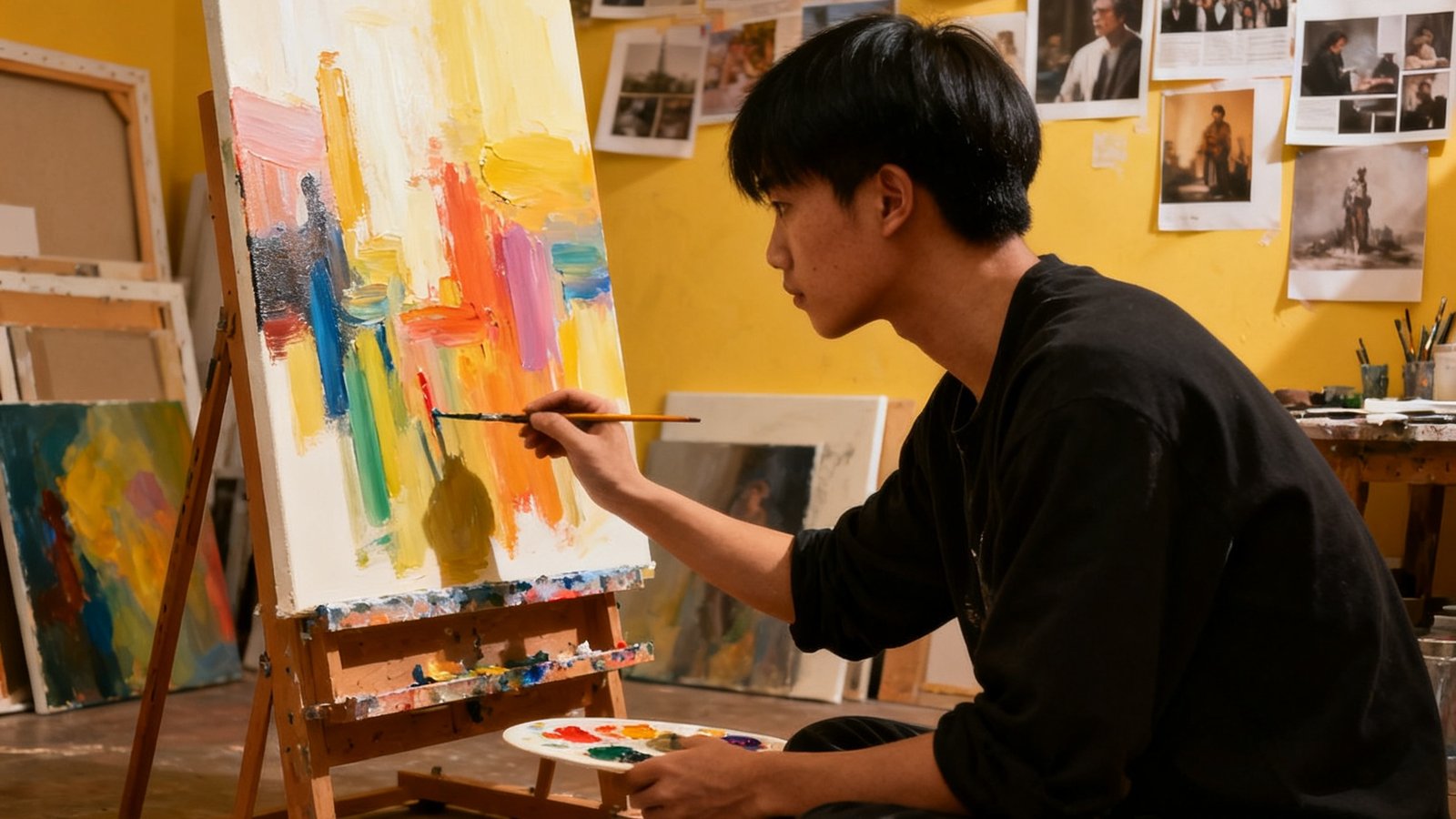 一位年轻当代艺术家在工作室中创作，画架上摆放着未完成的丙烯画作，地面上散落着颜料管和调色盘，墙上贴满了创作灵感的剪报和照片。