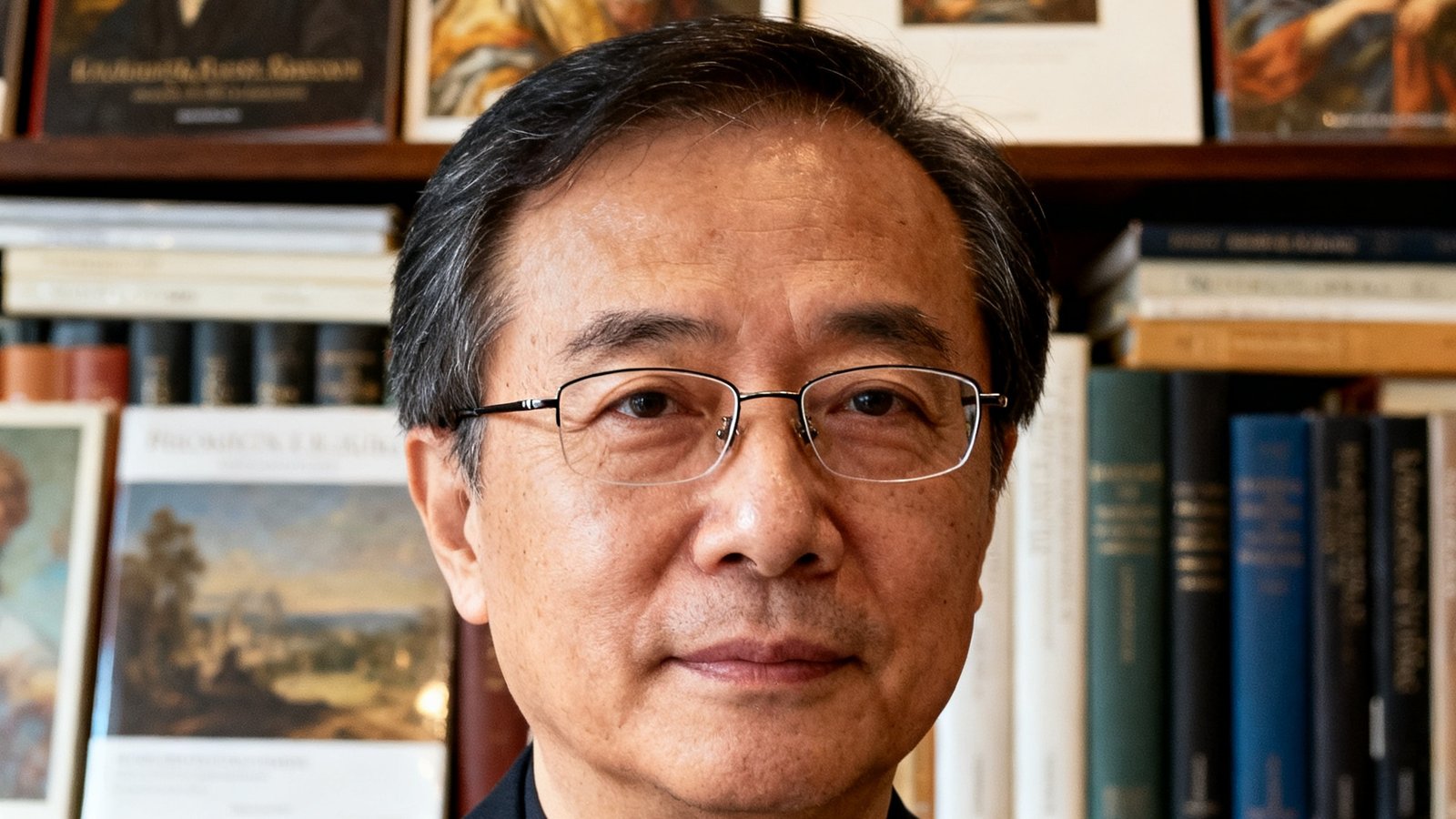 168贵宾会集团创始人林怀瑾先生肖像照，一位气质儒雅的中年男性身着深色西装，佩戴细框眼镜，背景是满墙的艺术史书籍和拍卖图录，眼神中透露出对艺术的深沉热爱。
