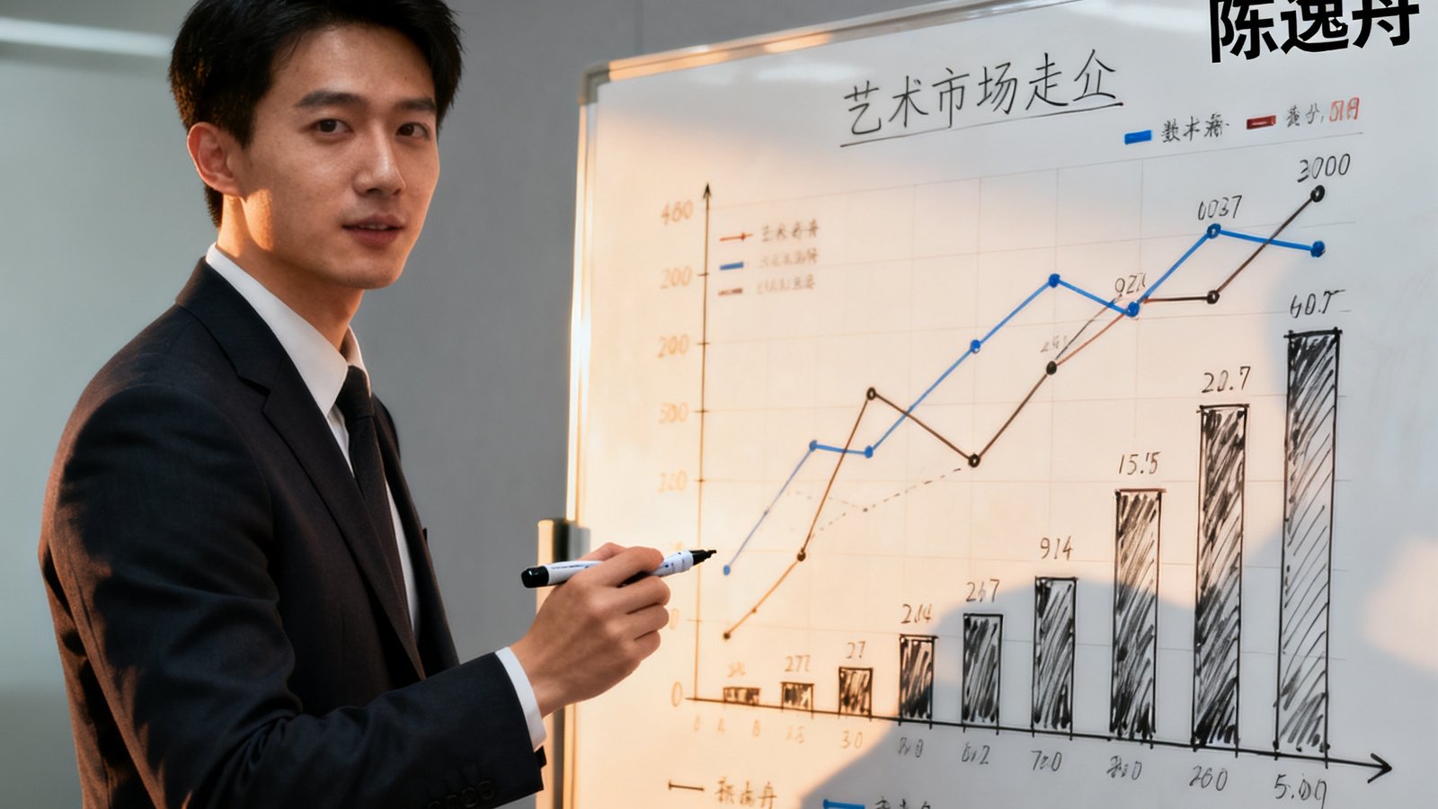 拍卖市场首席分析师陈逸舟先生肖像照，一位年轻的分析师站在白板前，白板上绘制着艺术品市场走势图表和数据分析，他手拿记号笔正准备讲解最新的拍卖趋势。