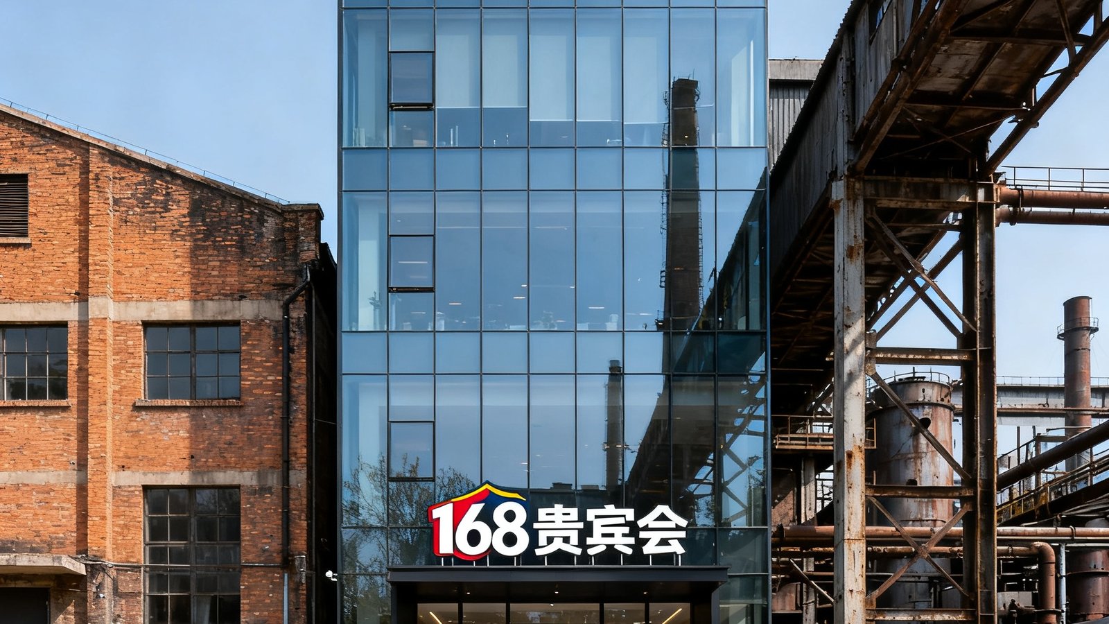 168贵宾会北京办事处的建筑外观，位于798艺术区附近，现代简约的玻璃幕墙设计与周边工业风格的艺术园区形成对比，入口处悬挂着集团标志。